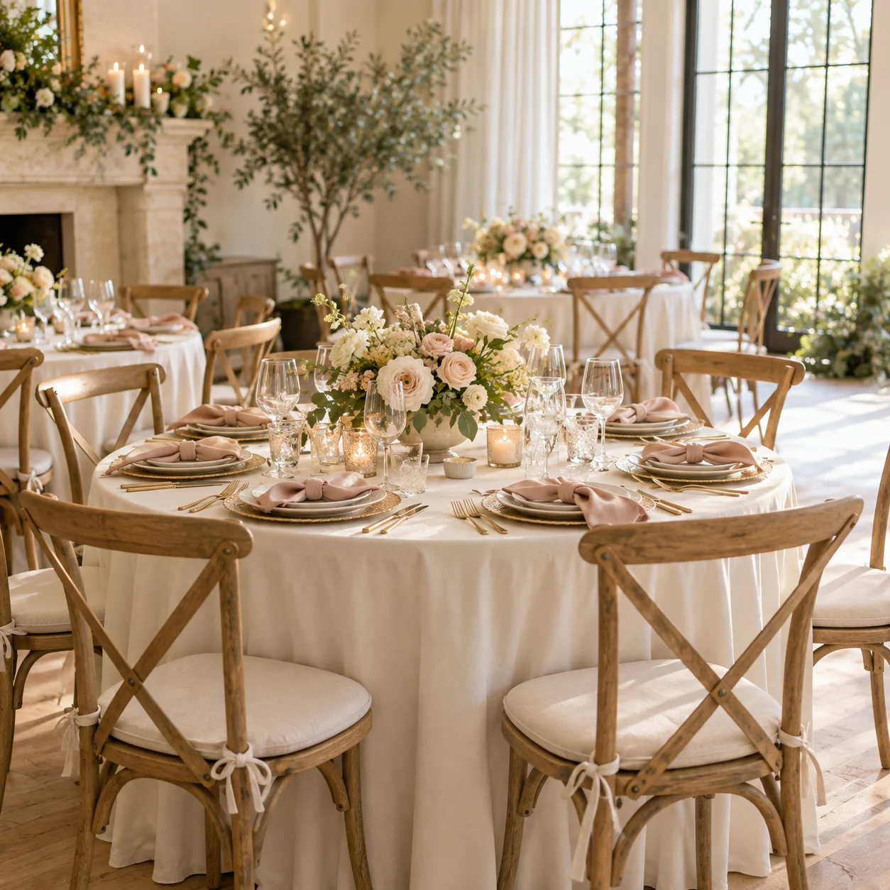 Brunch de celebração com mesa posta, cadeiras e flores