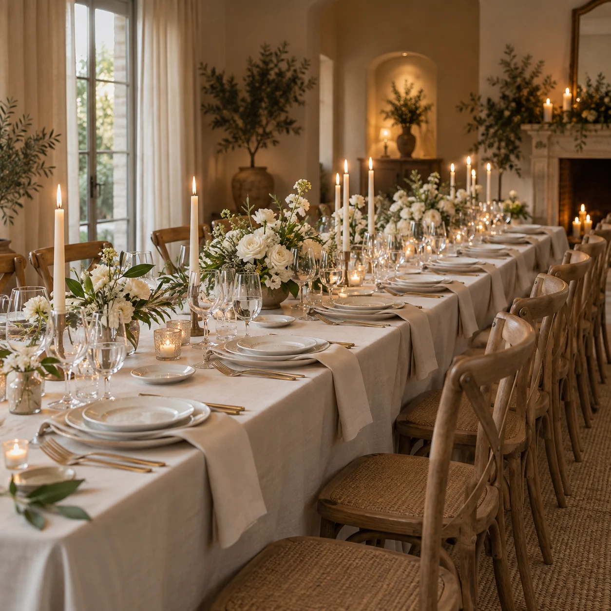 Recepção elegante com mesa posta, velas e cadeiras de madeira